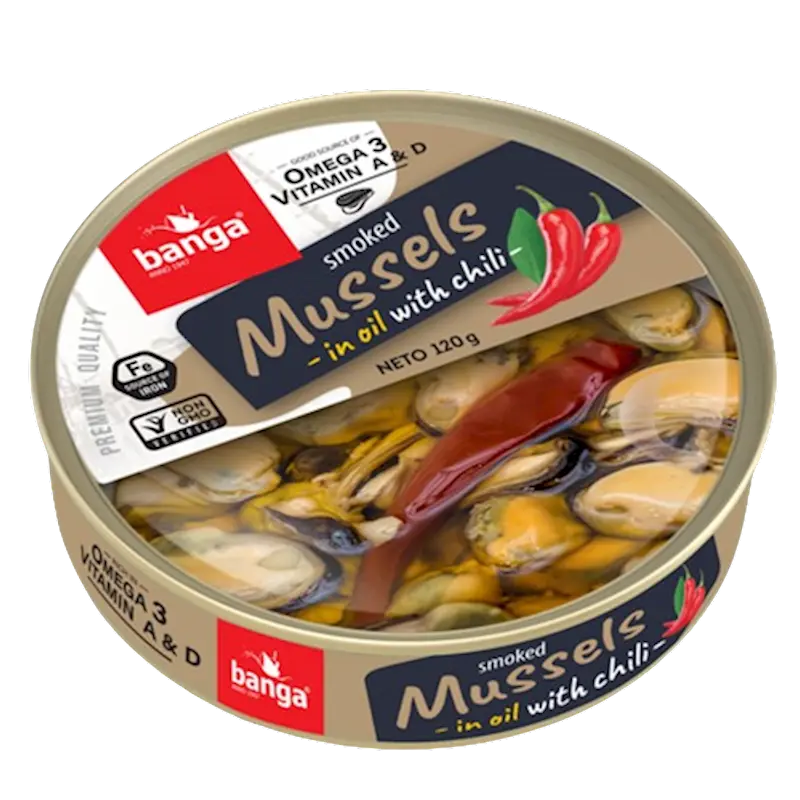 SMOKED MUSSELS IN OIL WITH CHILI 120GR BANGA