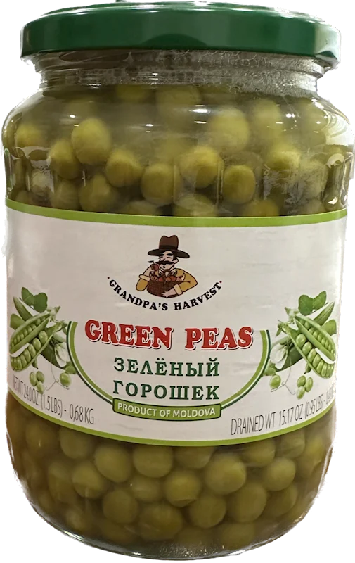 GRANDPAS HARVEST GREEN PEAS 720 G GLASS