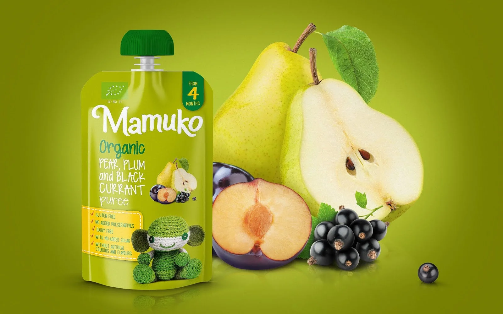 ORGANIC PEAR, PLUM AND BLACK CURRANT PUREE 100G 4+ MAMUKO