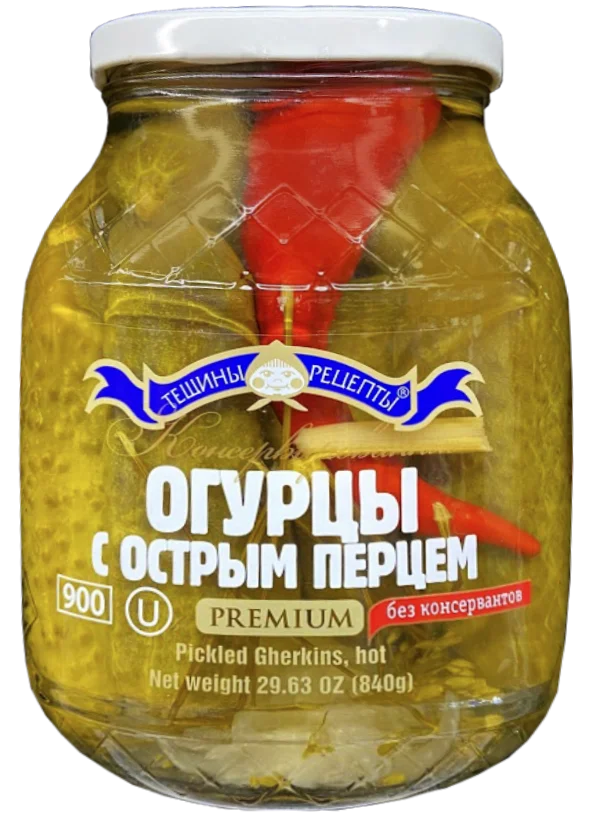 PREMIUM CUCUMBERS W/HOT PEPPER 900ML TESCHINY RECEPTY